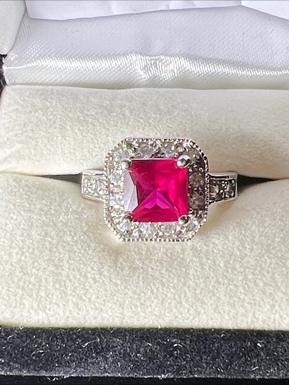 Square Hot Pink Halo Ring with Clear Accents